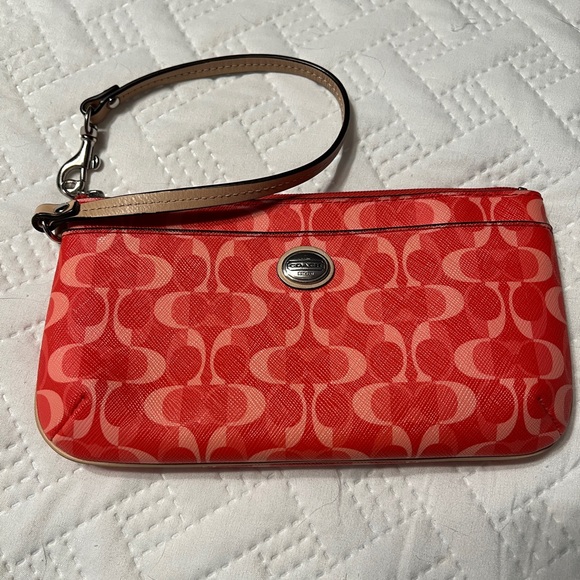 Coach Handbags - Coach Signature Print Red and Pink Wristlet
